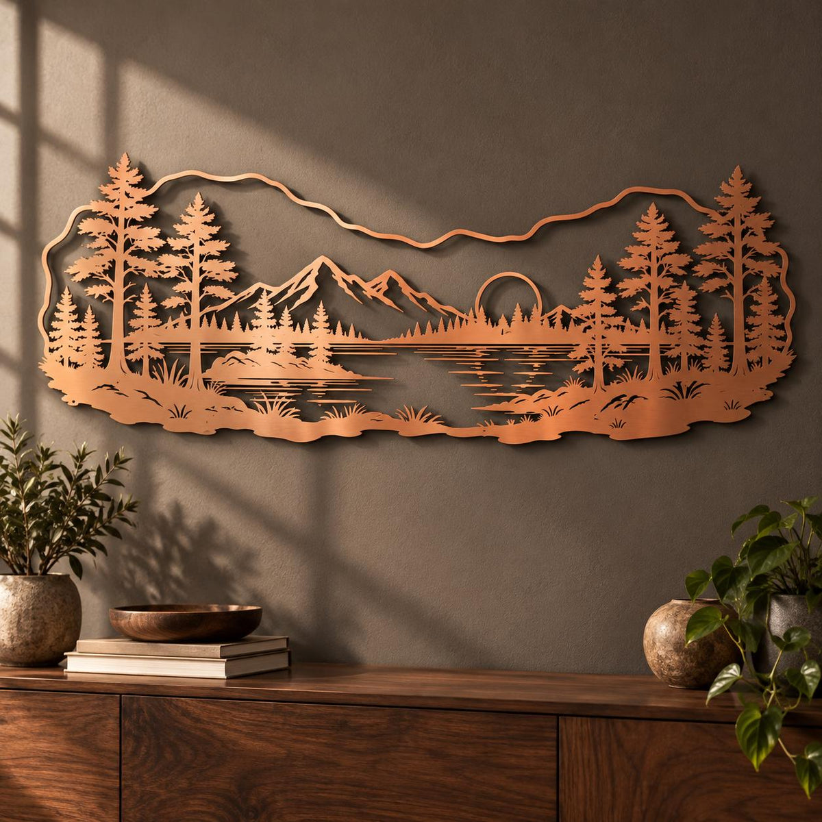 Metal Mountain Range Wall Art, Pine Forest Landscape Decor, Wide Sunset Nature Silhouette, Large Living Room Over Sofa Hanging Sculpture