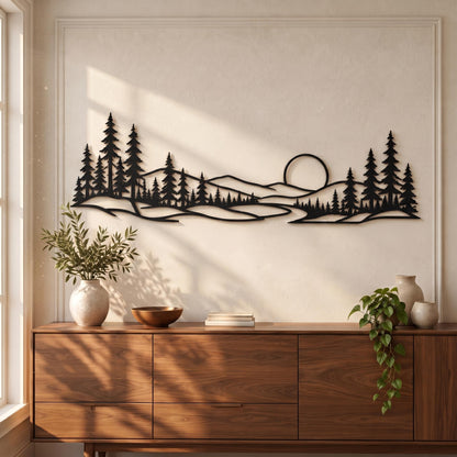 Metal Mountain Wall Art, Pine Forest Landscape Decor, Sun Nature Silhouette, Large Living Room Over Sofa Hanging Sculpture