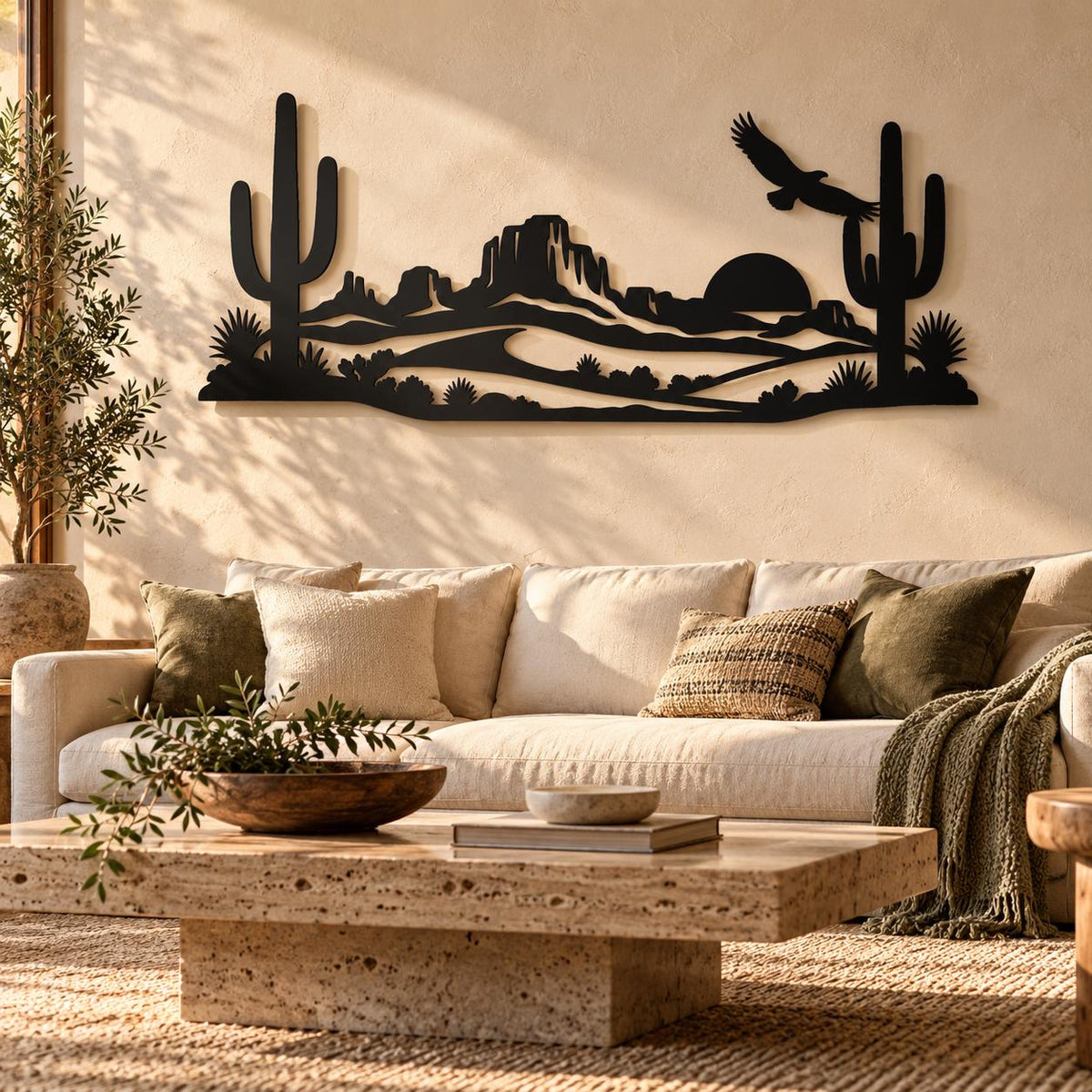 Desert Metal Wall Art, Cactus And Eagle Landscape Decor, Western Sunset Silhouette, Large Living Room Over Sofa Hanging Sculpture