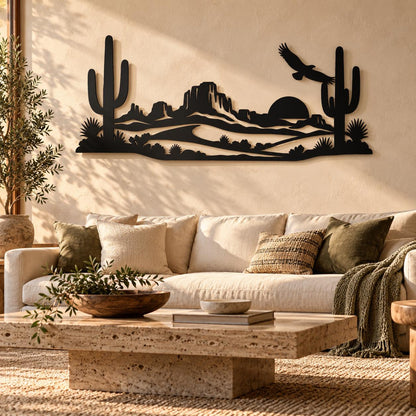Desert Metal Wall Art, Cactus And Eagle Landscape Decor, Western Sunset Silhouette, Large Living Room Over Sofa Hanging Sculpture
