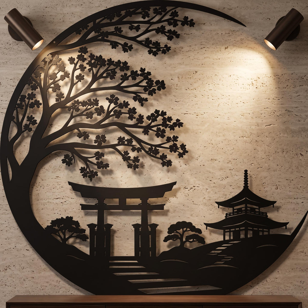 Japanese Metal Art, Crescent Moon Torii Gate Pagoda Tree, Zen Wall Hanging, Tori Gate Sign,  Japanese Wall Art, Zen Home Decor, Zen Wall Art