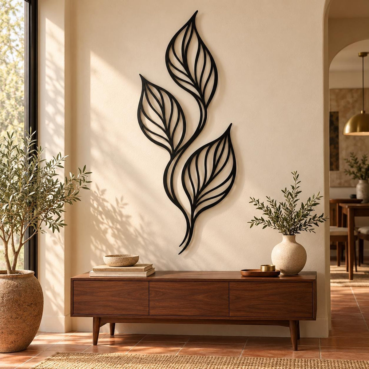 Metal Leaf Wall Art, Botanical Plant Branch Decor, Vertical Nature Silhouette, Large Living Room Hanging Sculpture, Luxury Interior Sign