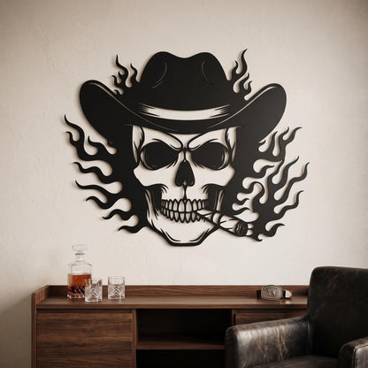 Cowboy Skull Wall Art, Western Metal Decor, Cigar Skull, Man Cave Decor, Garage Wall Art, Outlaw Cowboy Gift
