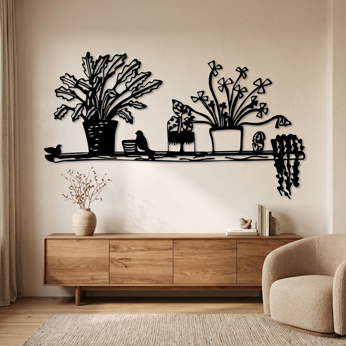 Black Metal Wall Art, Birds & Blooms, Botanical Shelf Decor (made To Order)
