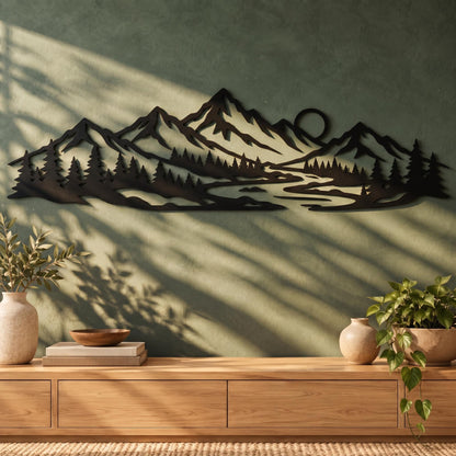 Metal Mountain Range Wall Art, Pine Forest Landscape Decor, Sun And River Silhouette, Large Living Room Over Sofa Hanging Sculpture