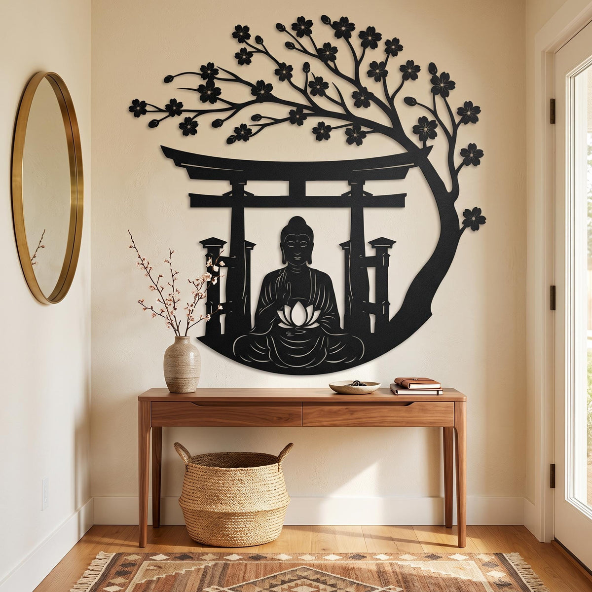 Buddha Metal Wall Art, Cherry Blossom Torii Gate, Zen Meditation Decor Large Buddha Wall Art For Living Room, Buddha Decor For Yoga Room