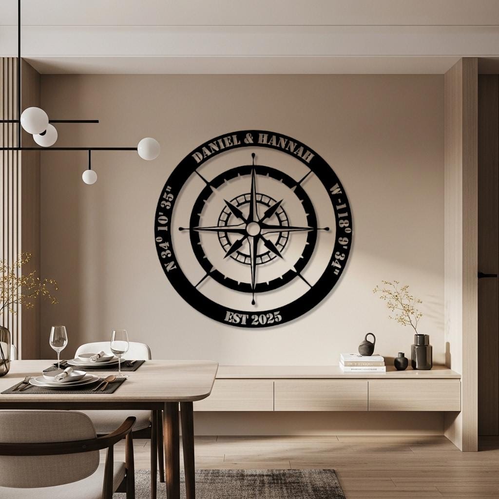 Custom Compass Rose Metal Wall Art, Coordinates Established Year Sign